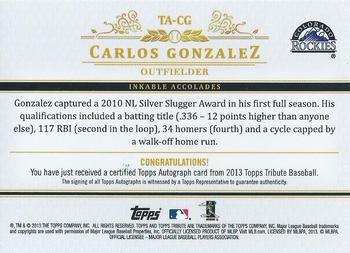 2013 Topps Tribute - Autographs #TA-CG Carlos Gonzalez Back