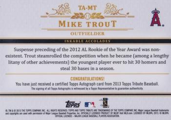 2013 Topps Tribute - Autographs Purple #TA-MT Mike Trout Back