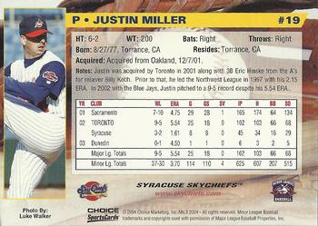 2004 Choice Syracuse SkyChiefs #19 Justin Miller Back