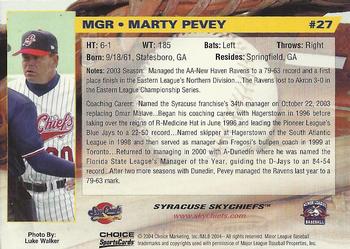 2004 Choice Syracuse SkyChiefs #27 Marty Pevey Back