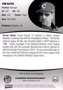 2011 Choice Camden Riversharks #24 Von Hayes Back