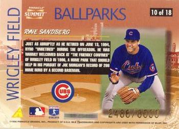1996 Summit - Ballparks #10 Ryne Sandberg Back