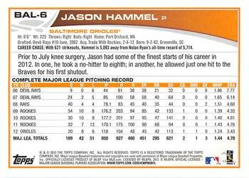 2013 Topps Baltimore Orioles #BAL6 Jason Hammel Back
