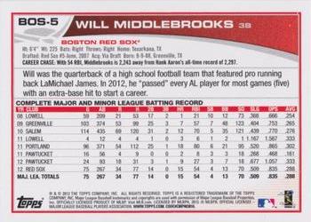2013 Topps Boston Red Sox #BOS5 Will Middlebrooks Back