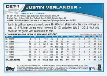 2013 Topps Detroit Tigers #DET1 Justin Verlander Back