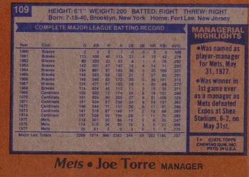 1978 Topps #109 Joe Torre Back