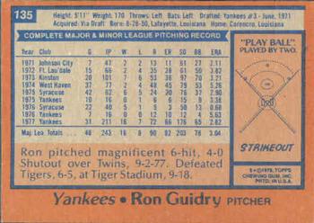 1978 Topps #135 Ron Guidry Back