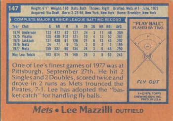 1978 Topps #147 Lee Mazzilli Back
