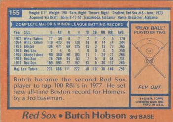 1978 Topps #155 Butch Hobson Back