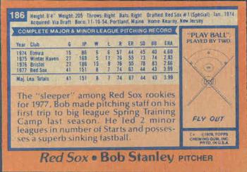 1978 Topps #186 Bob Stanley Back