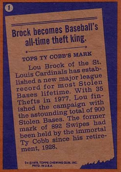 1978 Topps #1 Lou Brock Back