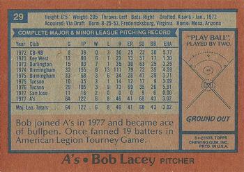 1978 Topps #29 Bob Lacey Back