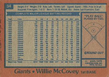 1978 Topps #34 Willie McCovey Back