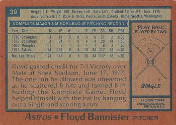 1978 Topps #39 Floyd Bannister Back