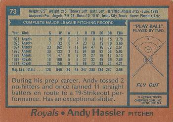 1978 Topps #73 Andy Hassler Back