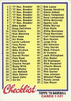 1978 Topps #74 Checklist: 1-121 Front