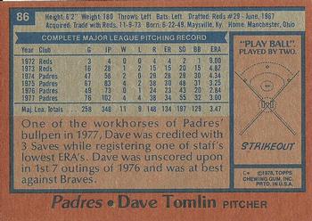 1978 Topps #86 Dave Tomlin Back