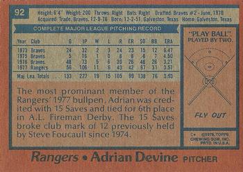 1978 Topps #92 Adrian Devine Back