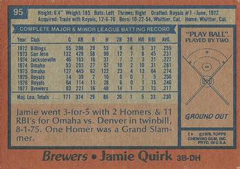 1978 Topps #95 Jamie Quirk Back