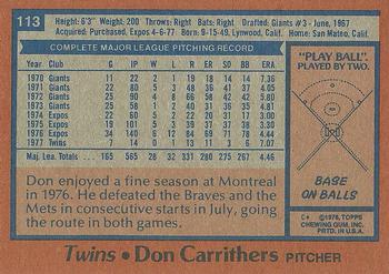 1978 Topps #113 Don Carrithers Back