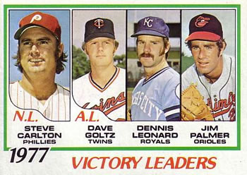 1978 Topps #205 1977 Victory Leaders (Steve Carlton / Dave Goltz / Dennis Leonard / Jim Palmer) Front