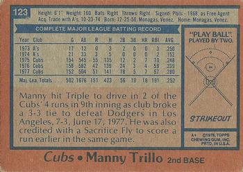 1978 Topps #123 Manny Trillo Back