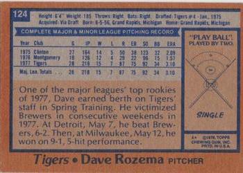 1978 Topps #124 Dave Rozema Back