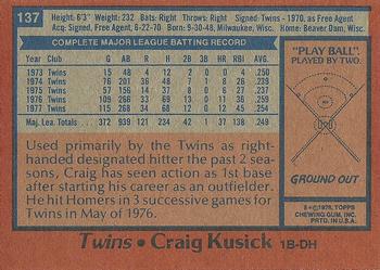 1978 Topps #137 Craig Kusick Back