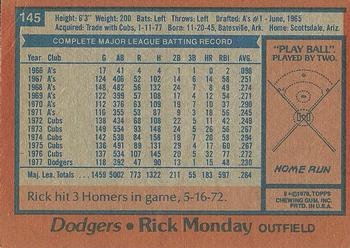 1978 Topps #145 Rick Monday Back