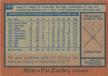 1978 Topps #171 Pat Zachry Back