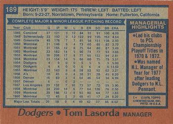 1978 Topps #189 Tom Lasorda Back
