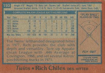1978 Topps #193 Rich Chiles Back