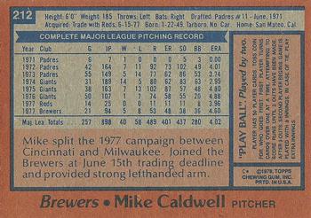 1978 Topps #212 Mike Caldwell Back
