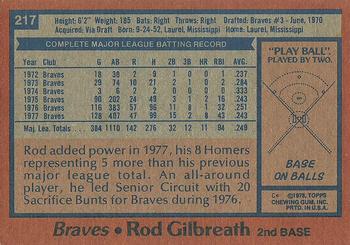 1978 Topps #217 Rod Gilbreath Back