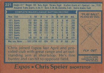 1978 Topps #221 Chris Speier Back