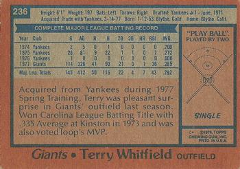 1978 Topps #236 Terry Whitfield Back