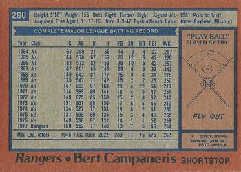 1978 Topps #260 Bert Campaneris Back