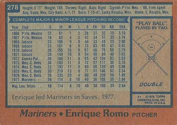 1978 Topps #278 Enrique Romo Back