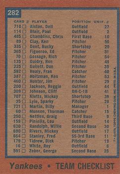 1978 Topps #282 New York Yankees Back
