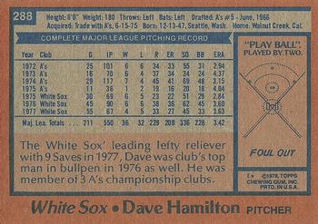 1978 Topps #288 Dave Hamilton Back