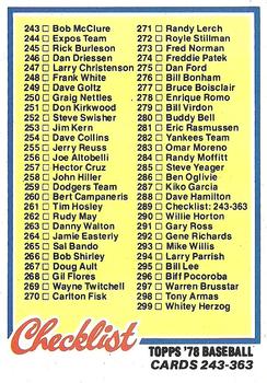1978 Topps #289 Checklist: 243-363 Front