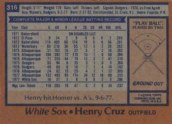 1978 Topps #316 Henry Cruz Back