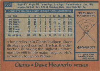1978 Topps #338 Dave Heaverlo Back