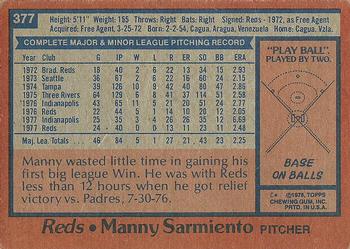 1978 Topps #377 Manny Sarmiento Back