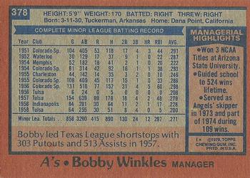 1978 Topps #378 Bobby Winkles Back