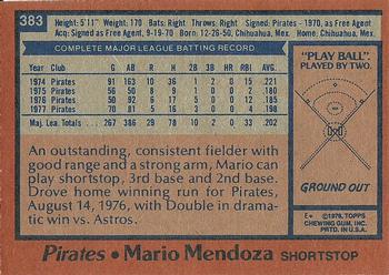 1978 Topps #383 Mario Mendoza Back