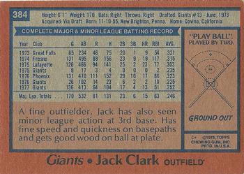 1978 Topps #384 Jack Clark Back