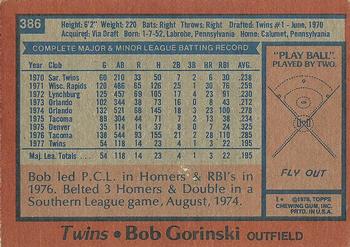 1978 Topps #386 Bob Gorinski Back