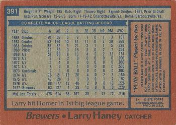 1978 Topps #391 Larry Haney Back