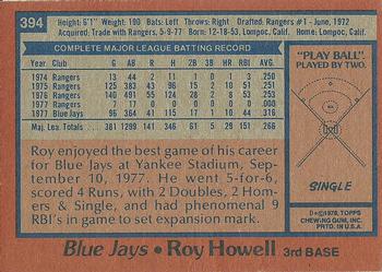 1978 Topps #394 Roy Howell Back
